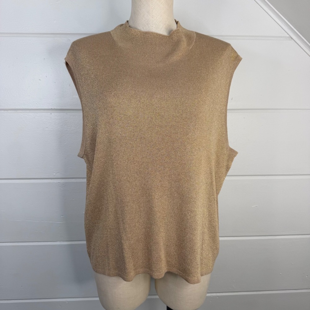 Coldwater Creek Gold Metallic Silk Blend Mock Neck Sleeveless Sweater Top 2X